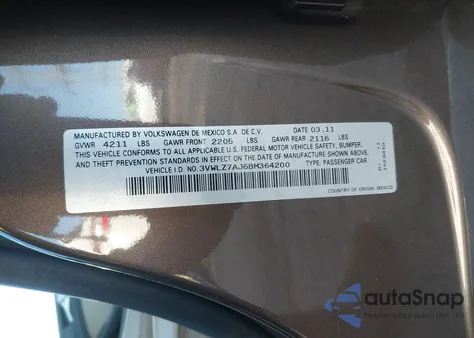 2011 Volkswagen Jetta 2.5L Sel из США, поврежденный, VIN 3VWLZ7AJ6BM364200